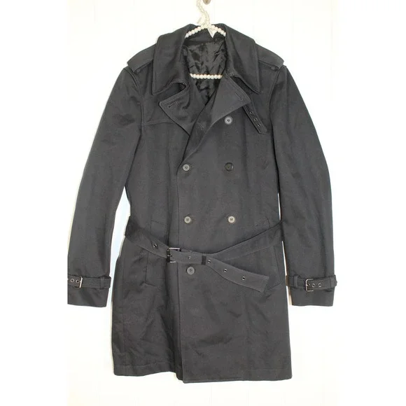 NWT The Kooples Men's Black Double Brested Gabardine Trench‎ Coat Size M/L